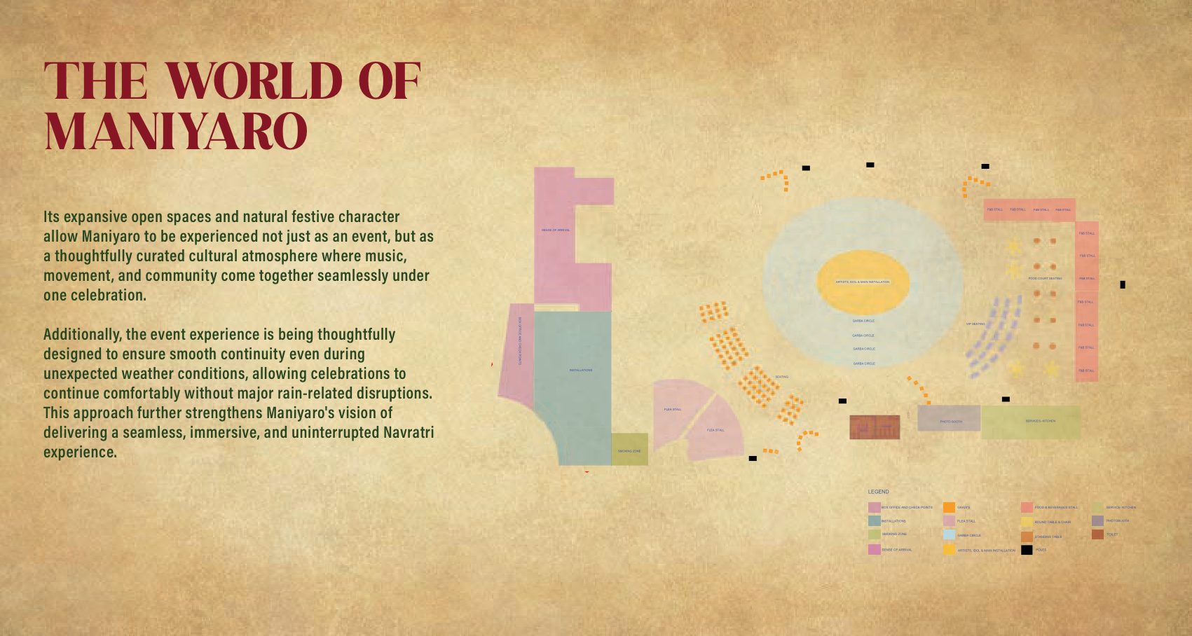 Maniyaro venue layout plan with Garba circles, food court, VIP seating, and installations